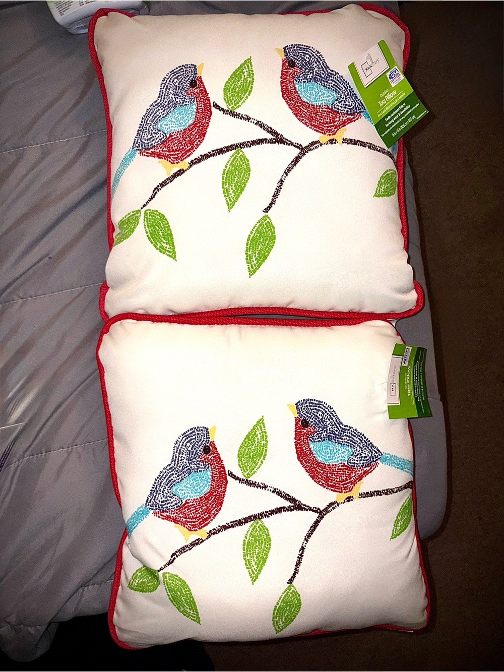 Embroidered Bird Throw Pillows - Set of 2, White with Red Trim